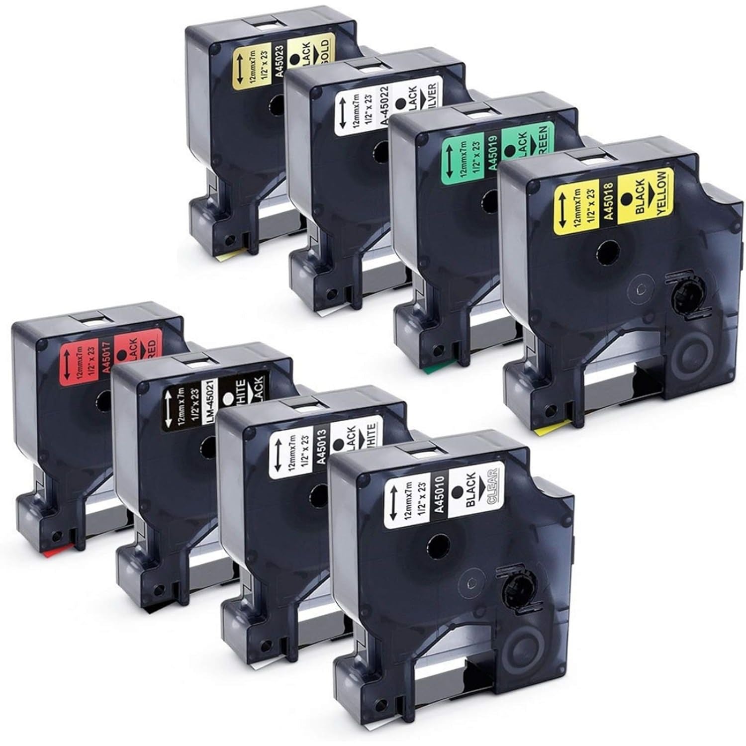 Buy now 7-Pack Replace DYMO D1 Label Tape 45010 45013 45016 45017 45018 45019 45021 D1 Refills Compatible DYMO LabelManager 160 280 420P PnP 220P 360D 450 210D, 1/2” W x 23’ L, 12mm x 7m Black on Clear White Green Red Yellow White Silver Gold on Black at indiglob india