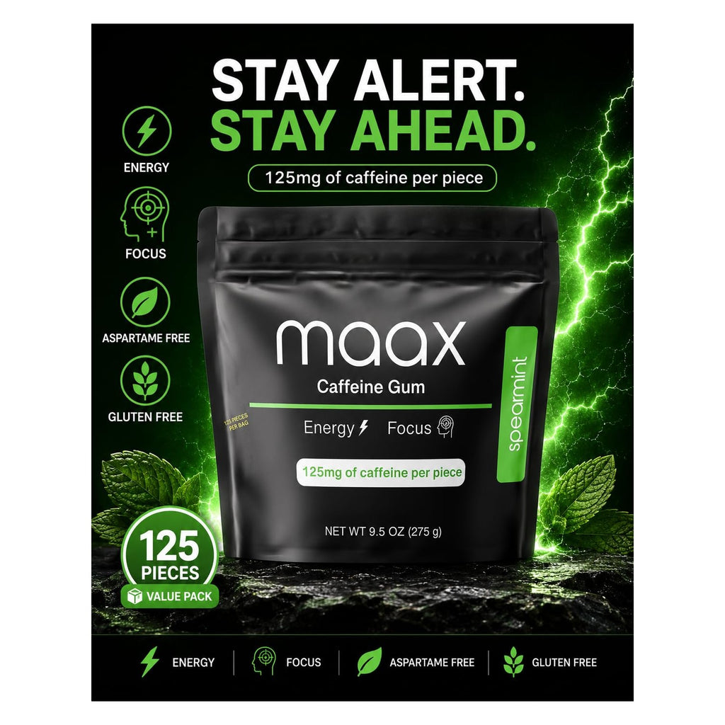 Maax Caffeine Energy Gum | 125mg of caffeine per piece | Spearmint | 125 total pieces per bag