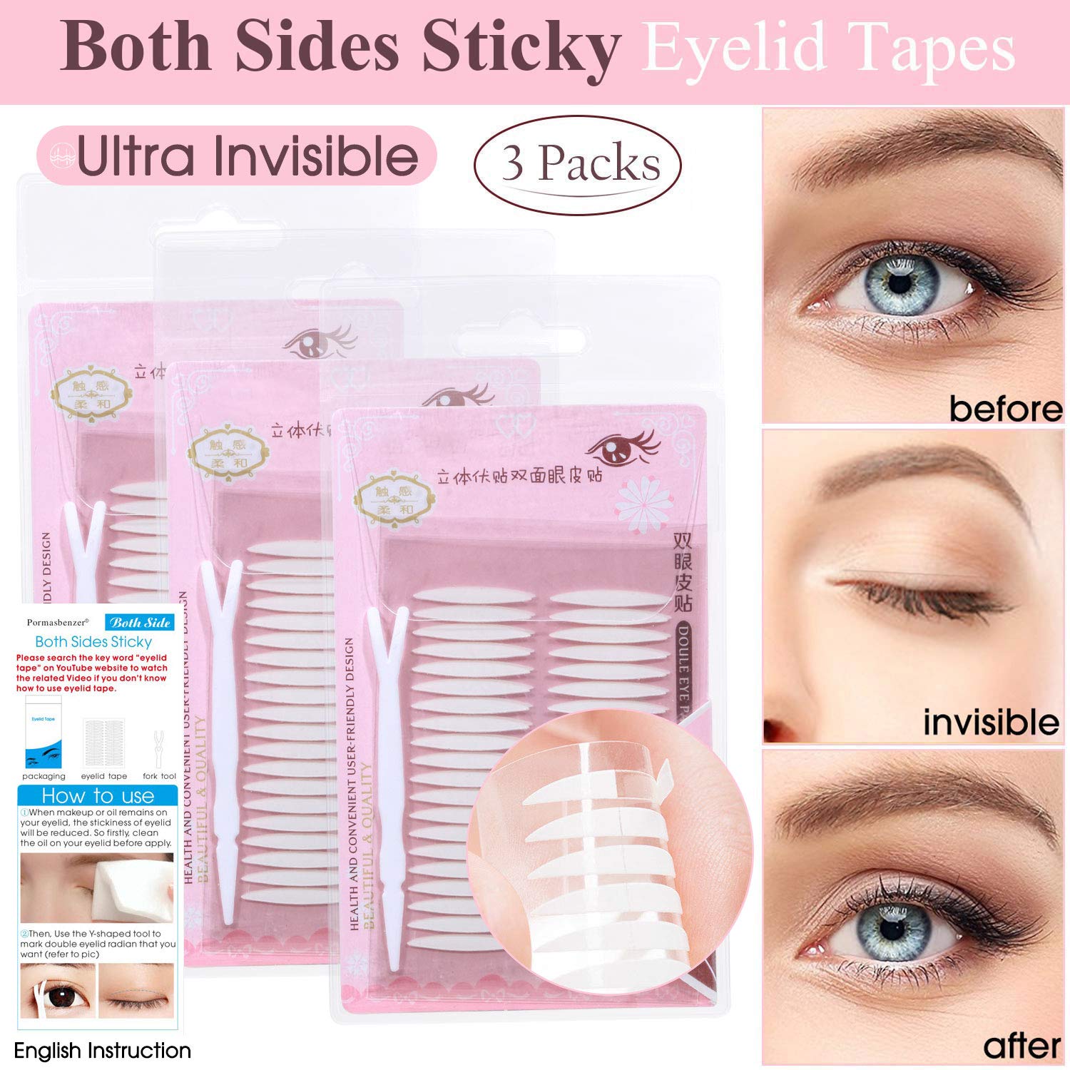 Buy now 3 Packs Ultra Invisible Two-Sided Sticky Double Eyelid Tapes Stickers, Medical-use Adhesive Fiber, Instant Eyelid Lift Without Surgery Perfect for Heavy Saggy, Hooded, Droopy, Uneven, Mono-eyelids at indiglob india