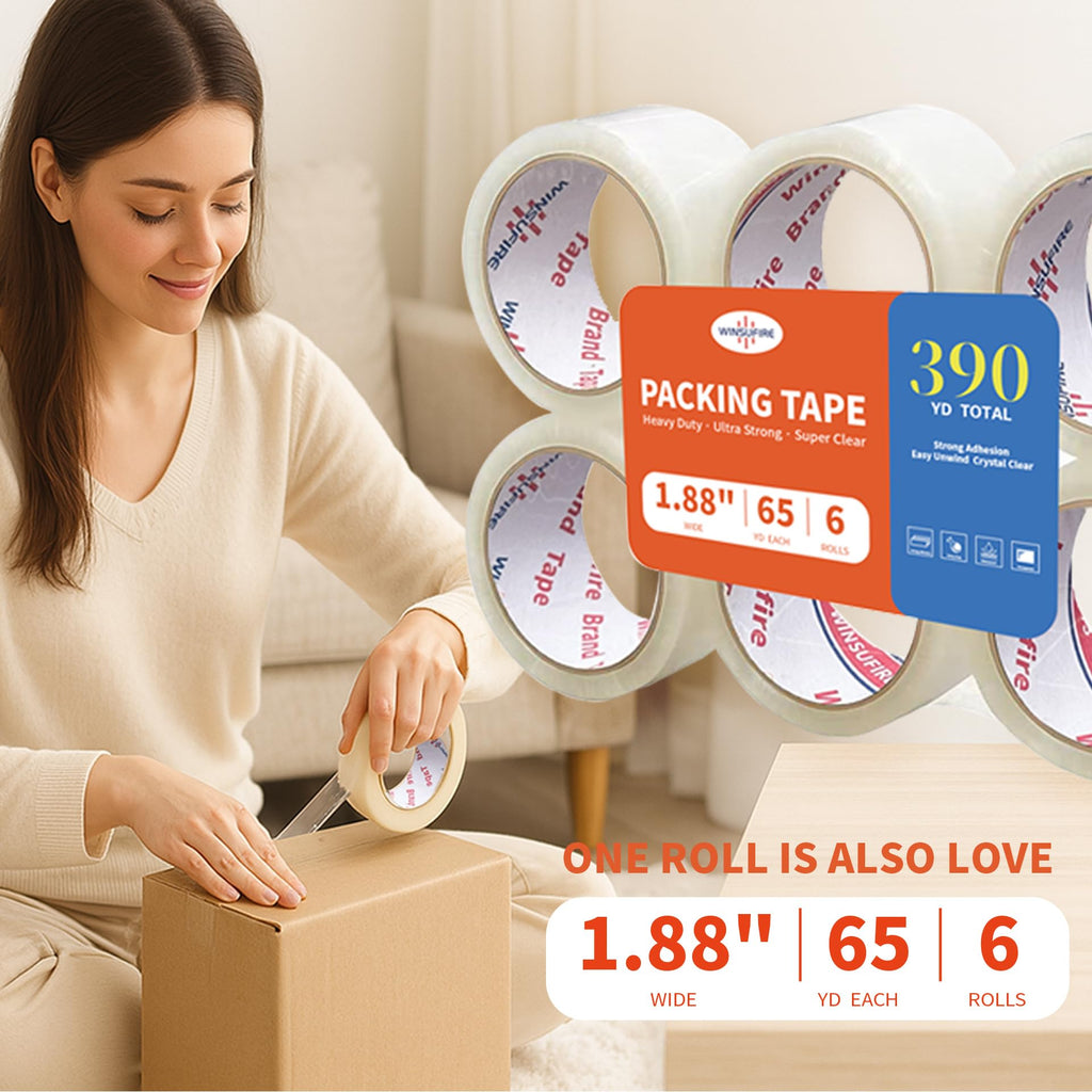 Heavy Duty Clear Packing Tape With Dispenser 1.88 inch 65 Yards 6 Pack