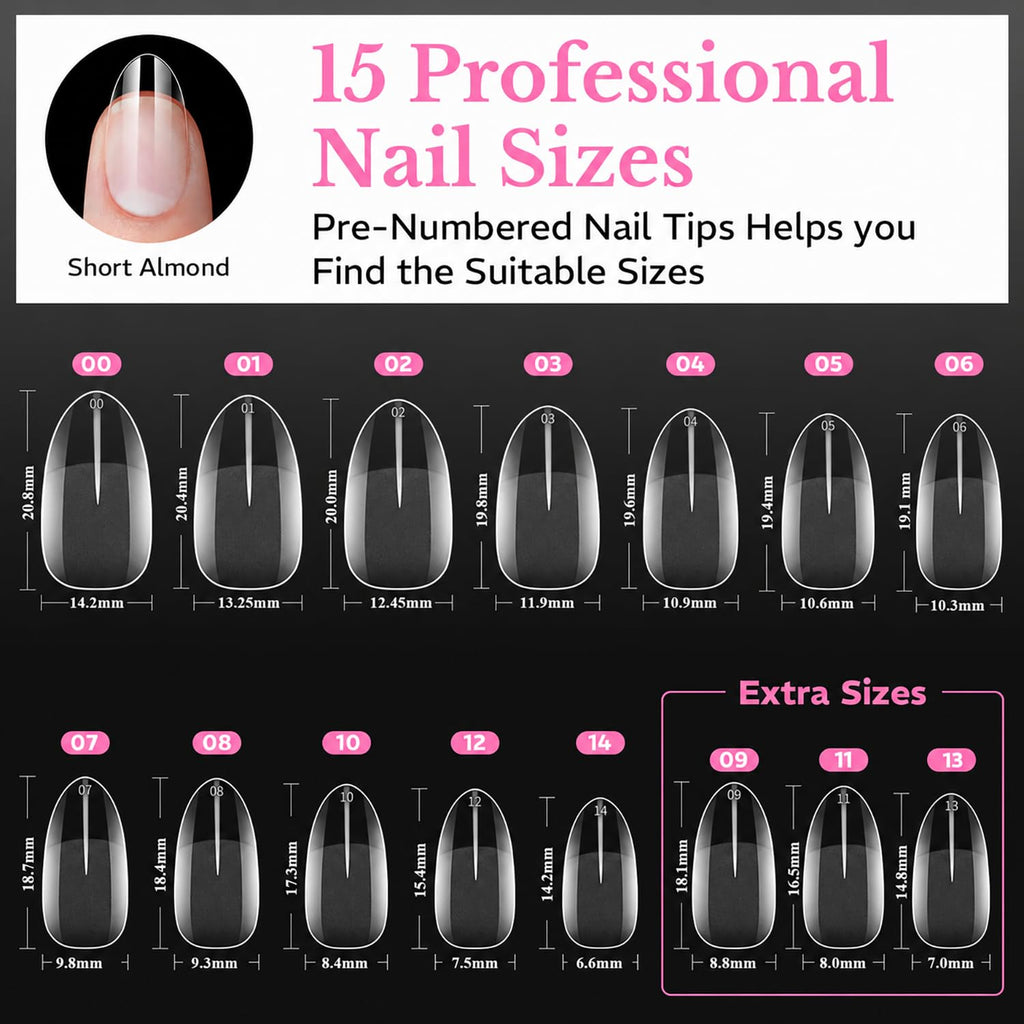 600 pcs of Medium Almond Nail Tips in various sizes; pre-numbered for easy selection, verified by CuratCart.