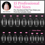 600 pcs of Medium Almond Nail Tips in various sizes; pre-numbered for easy selection, verified by CuratCart.
