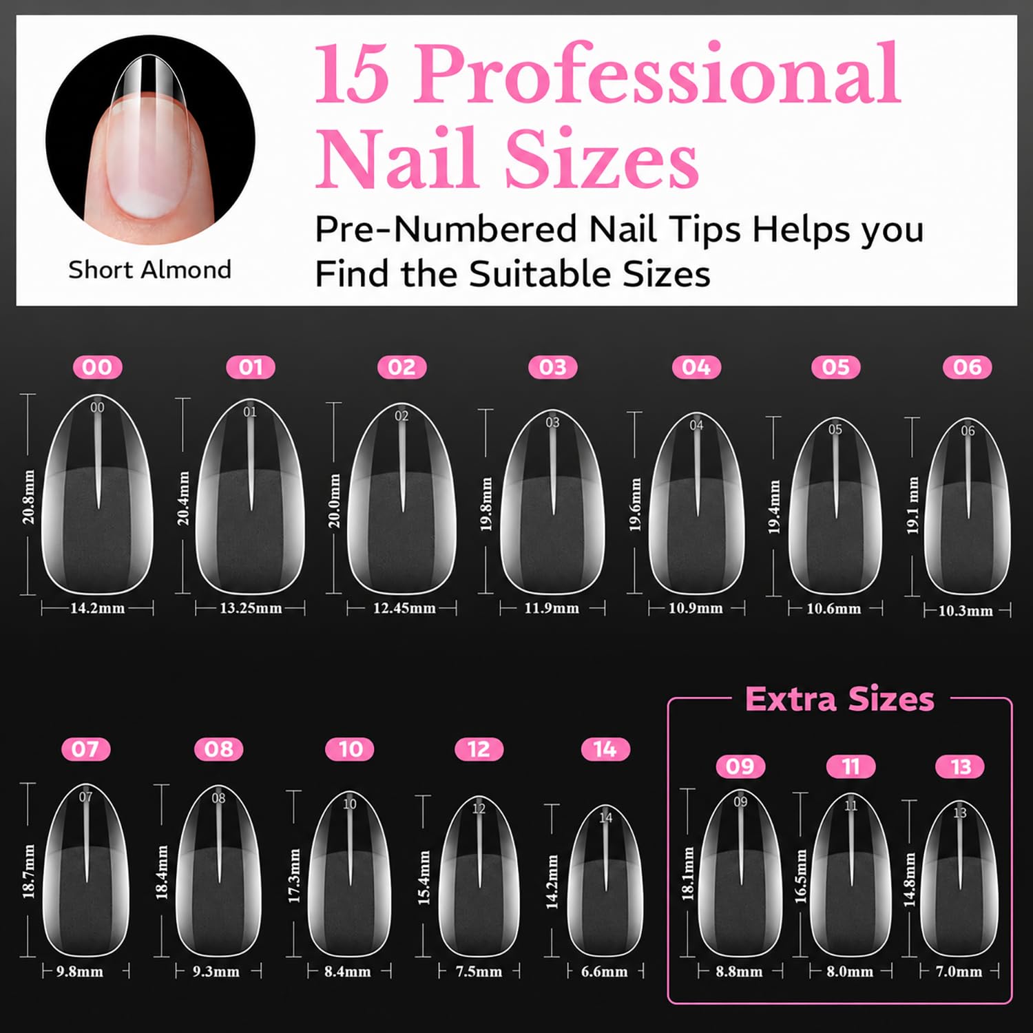 600 pcs of Medium Almond Nail Tips in various sizes; pre-numbered for easy selection, verified by CuratCart.