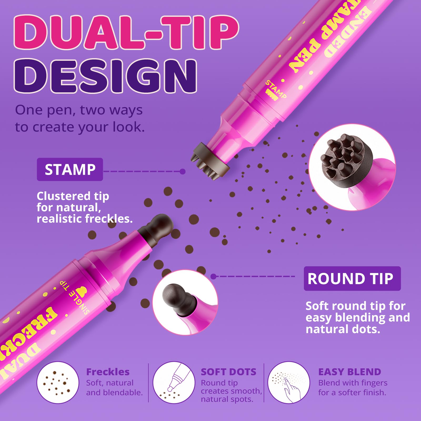 This dual-tip freckle stamp pen creates natural-looking freckles with a sponge and blending round tip. Verified by CuratCart.