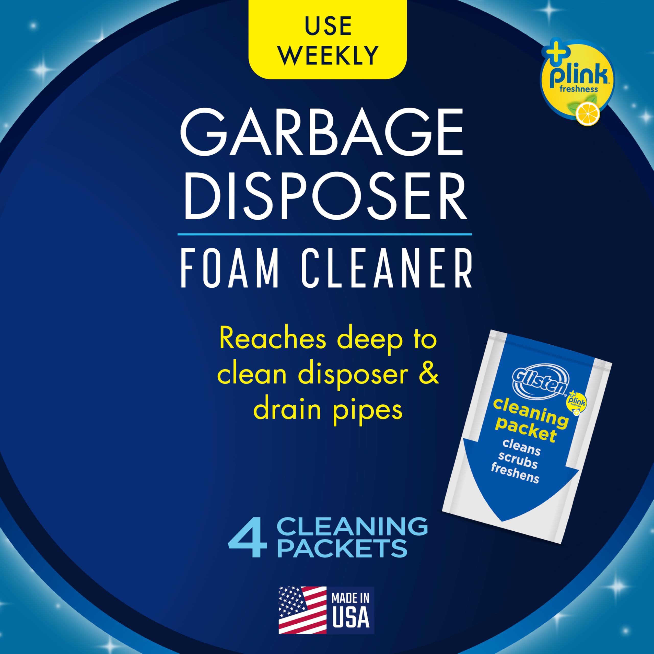 Buy now Glisten Garbage Disposer Cleaner and Freshener, Sink Disposal Odor Eliminator with Foaming Action, Lemon Scent, Made in the USA, 4 Packets at indiglob india
