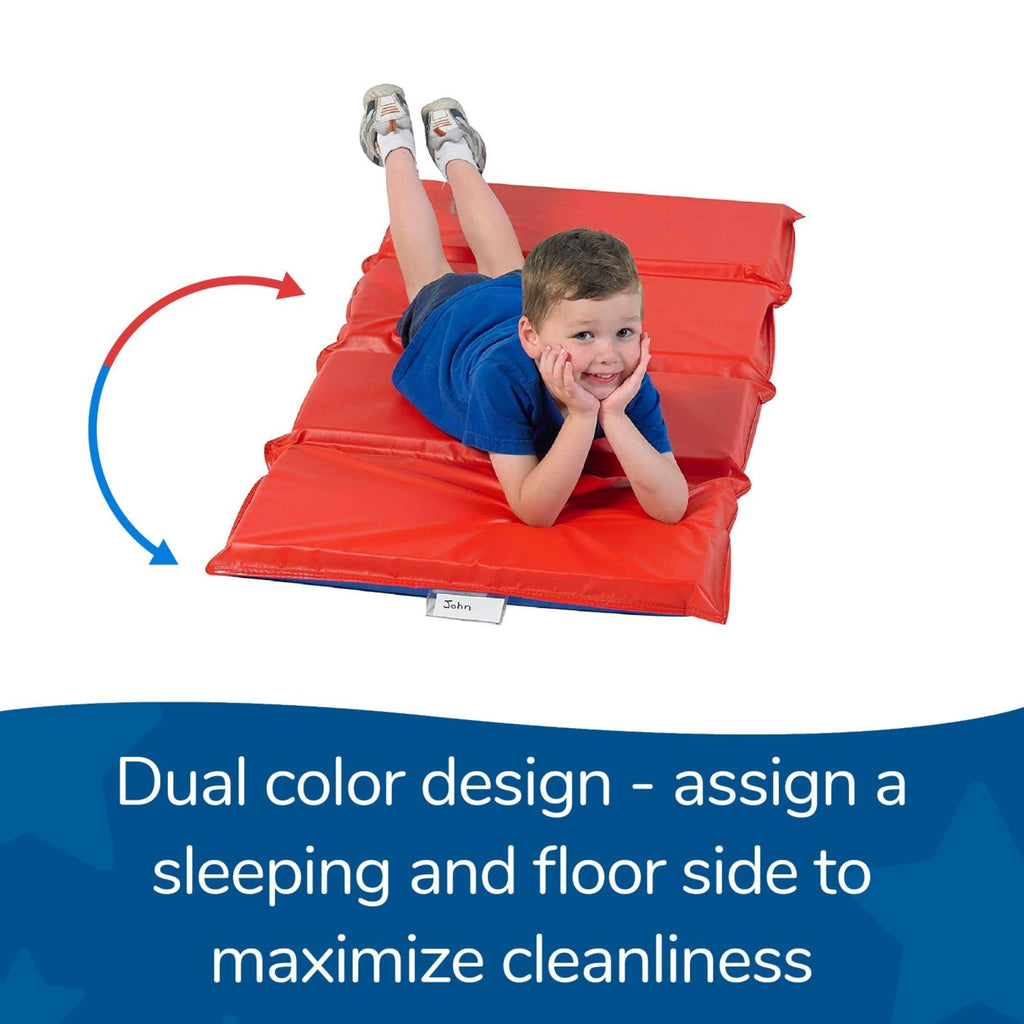 Children's Factory Angels 2 Inch Thick Toddler Nap Mat, Red and Blue, 4 Section Waterproof, for Preschools and Daycares