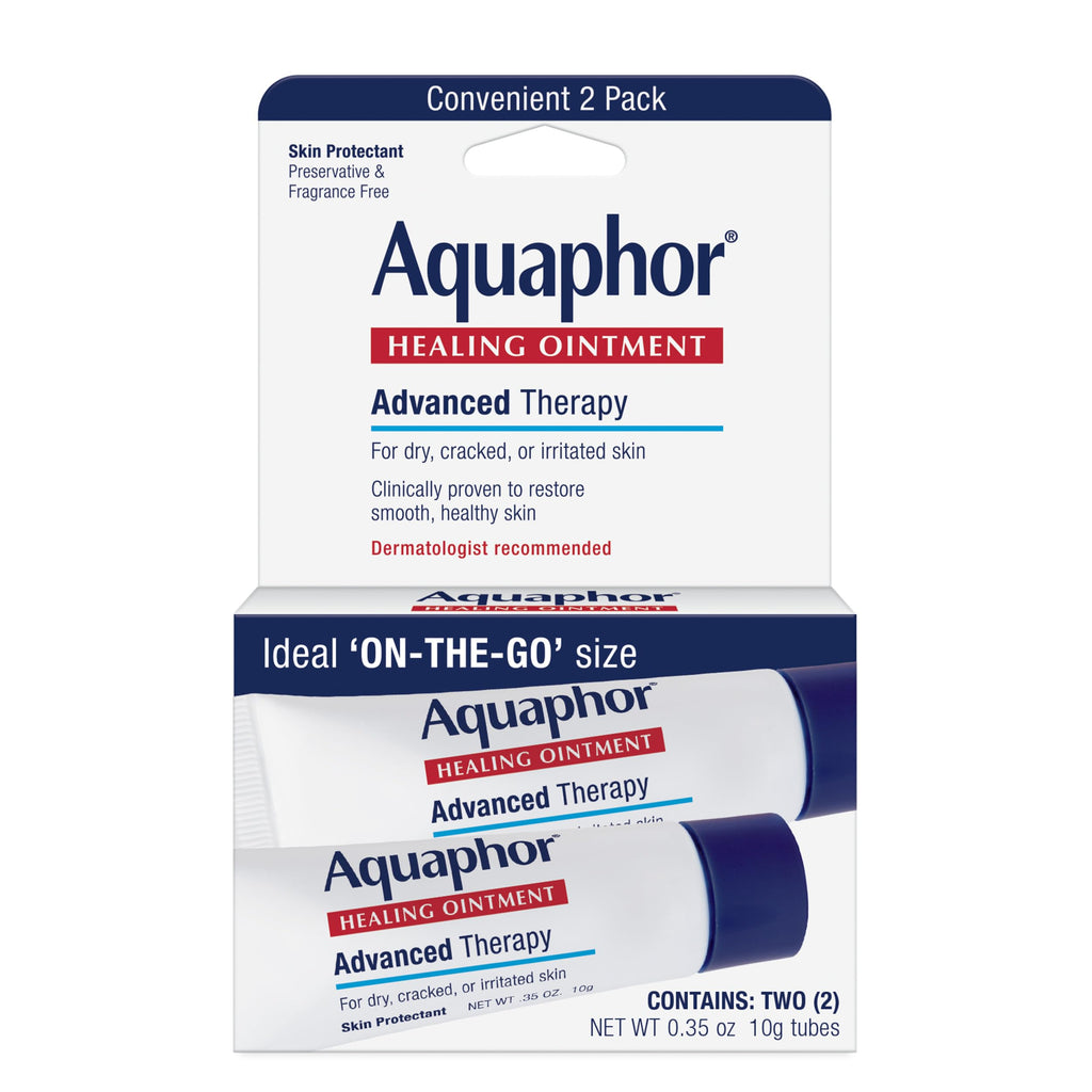 Aquaphor Healing Ointment Advanced Therapy Skin Protectant, Dry Skin Body Moisturizer, 0.35 Oz Tube, Pack of 2 | Clinically Proven Skin Protectant Moisturizer for Cracked, Irritated or Dry Skin Relief, Dye and Fragrance Free