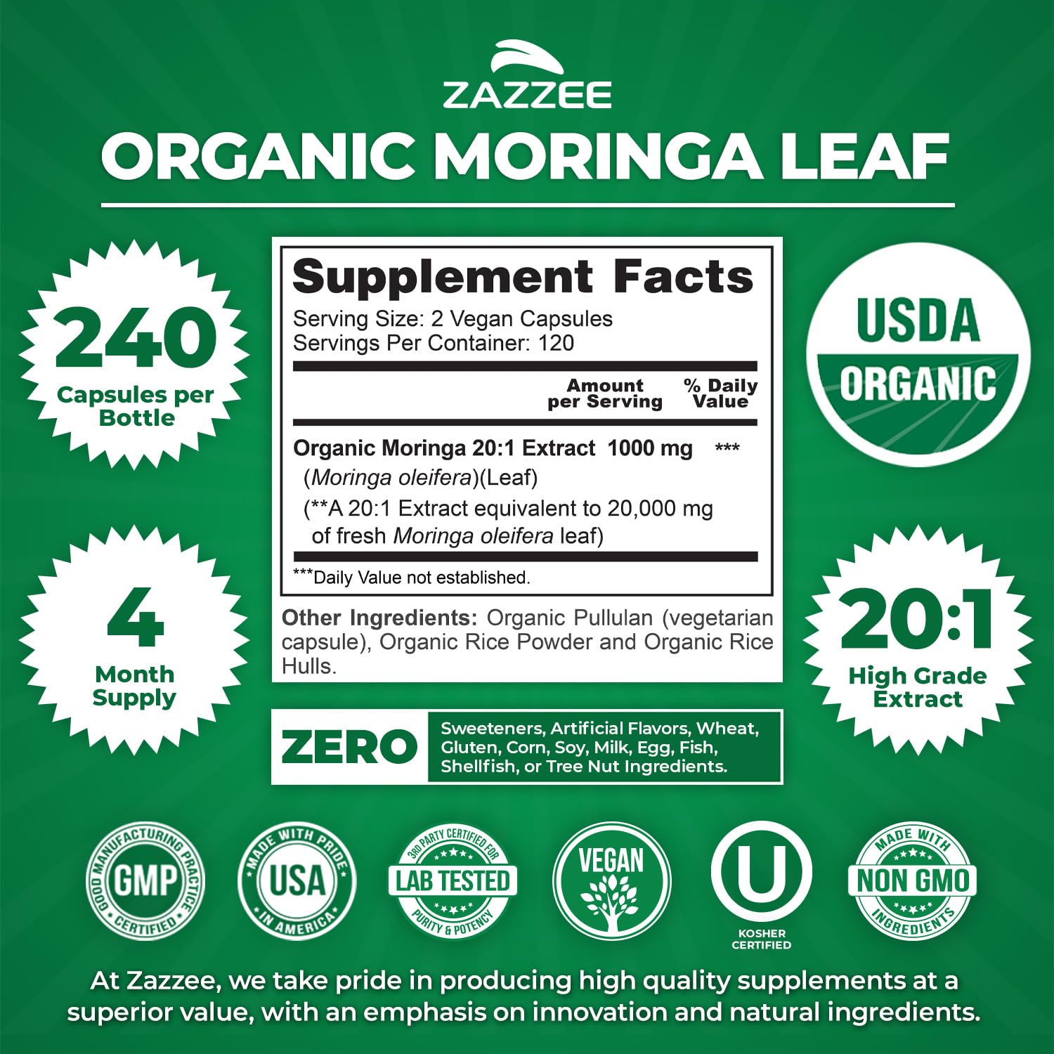 Zazzee USDA Organic Moringa Leaf 20:1 Extract, 240 Vegan Capsules | 4 Month Supply, Certified Kosher, Moringa Oleifera, Antioxidant, Immune & Cellular Support, Superfood Supplement, Made in USA