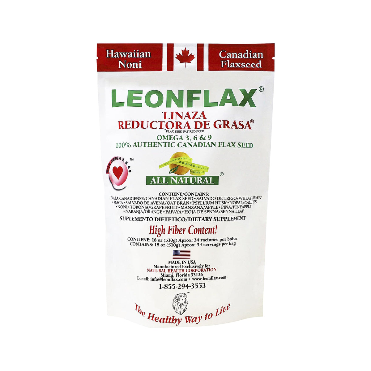 Leonflax, 100% Authentic Canadian Flax Seed, All-natural, High Fiber Content, Dietary Supplement to Improve your Digestive Health, 18 Oz, Bag