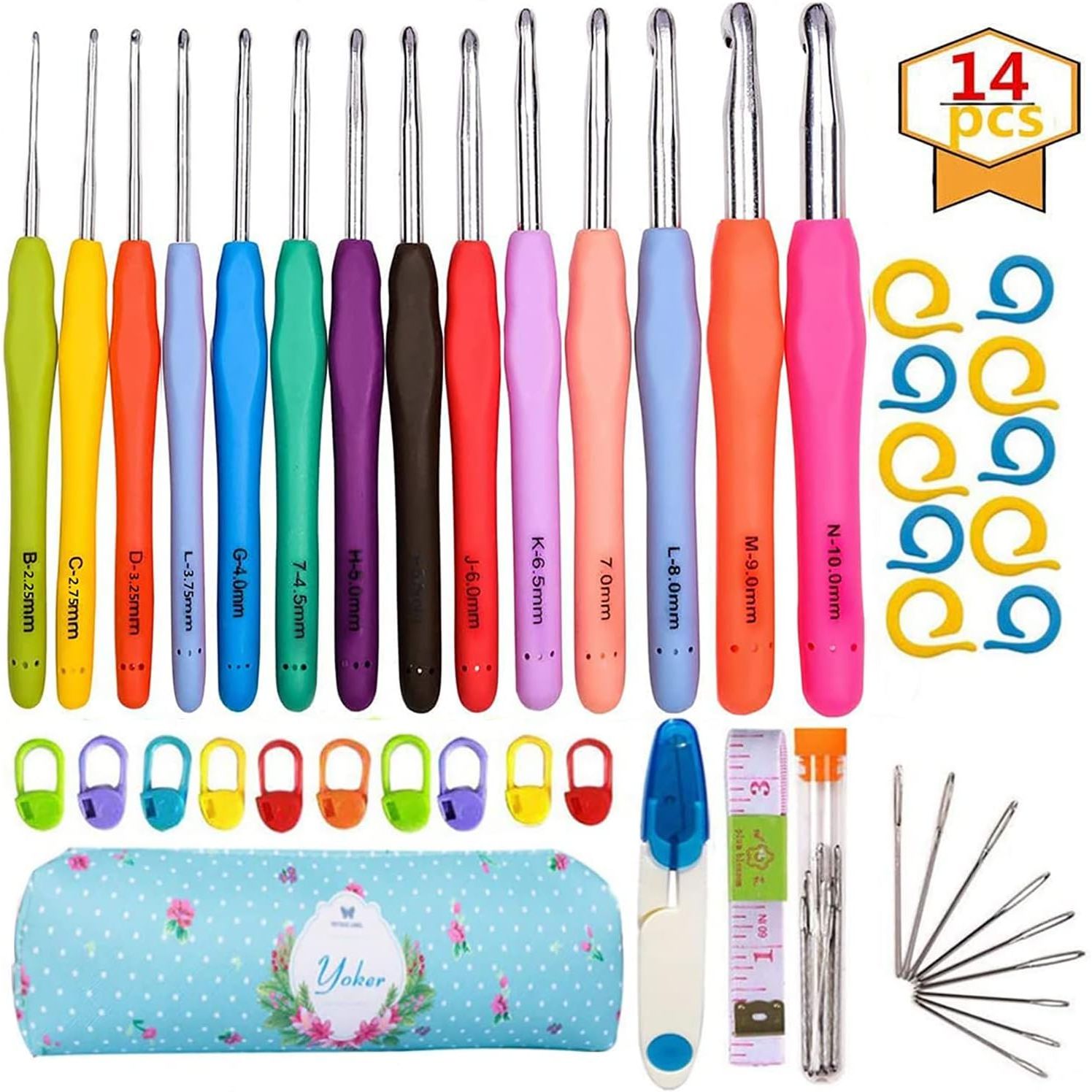 Buy now YOKER 14 Sizes Crochet Hooks Set,2mm(B)-10mm(N) Ergonomic Crochet Needles with Case Soft Grip Handles Yarn for Arthritic Hands, Extra Long Crochet Needles Kit (14 Sizes Crochet Hooks Set) 2mm(B)-10mm(N) at indiglob india