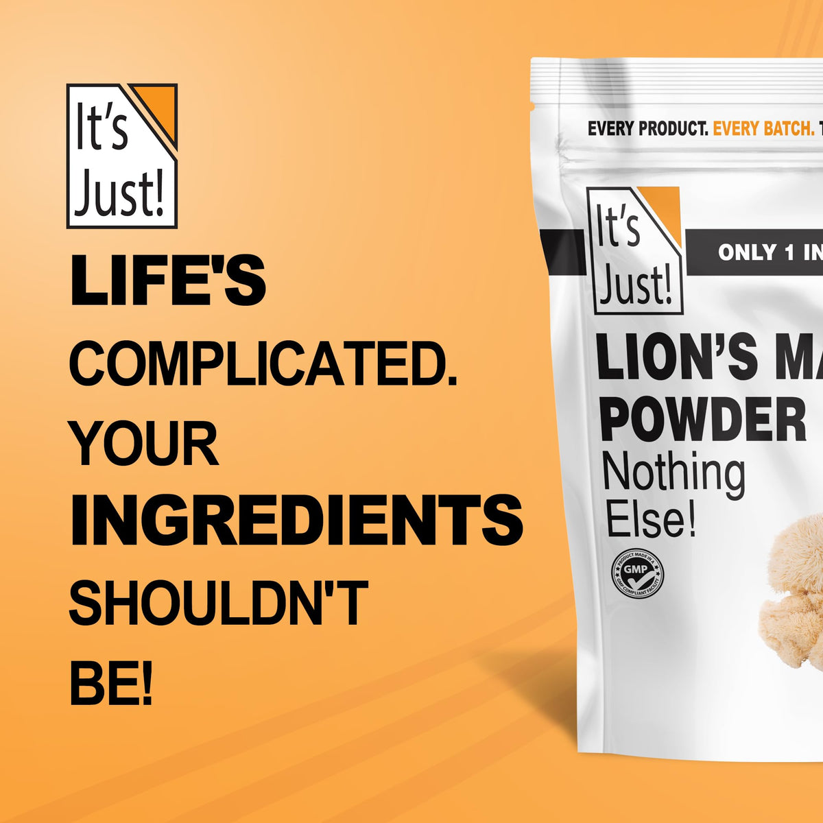 It's Just! - Lion's Mane Mushroom Powder, Natural Raw Superfood, Brain Support, Immune Health, Boost Energy, Non-GMO, 8oz