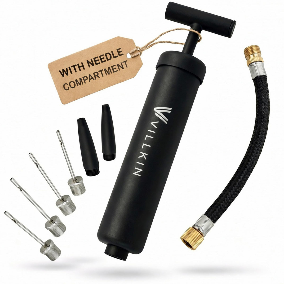 Villkin Ball Pump with Needle Storage in Handle - 4 Metal Needles, 2 Plastic Nozzles, Flexible Hose - for Soccer, Basketball, Volleyball, Handball - Black