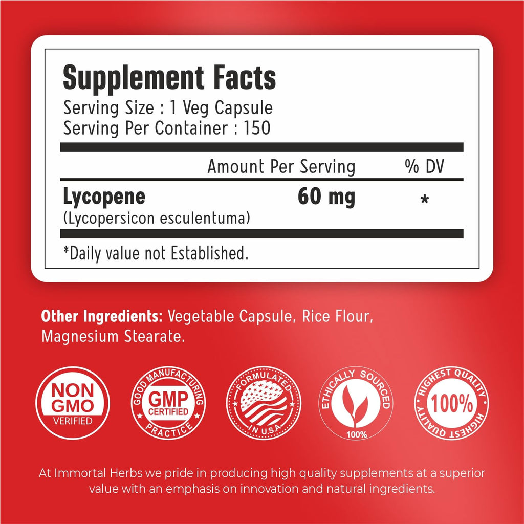 Lycopene Supplement for Men 60mg, 150 Capsules, Natural Tomato Extract Powder, 4 Month Supply, 100% Veg Lycopene Complex, Non-GMO and Gluten Free Carotenoid Supplement