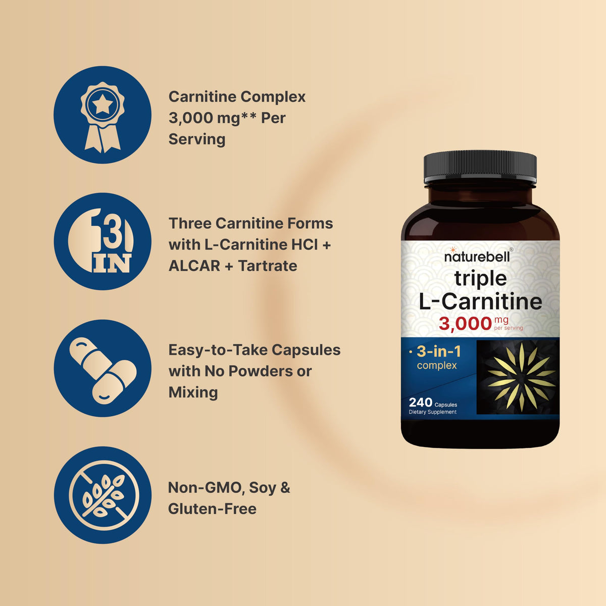 NatureBell Triple L-Carnitine 3,000 mg** Per Serving, 240 Capsules | 3-in-1 Carnitine Complex with L-Carnitine HCl, ALCAR & Tartrate | Non-GMO