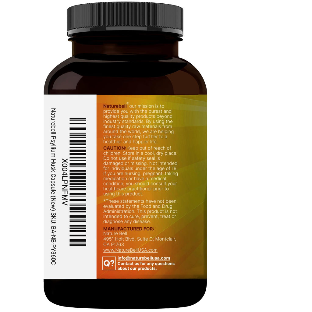 NatureBell Psyllium Husk Fiber Capsules 2,000mg Per Serving, 360 Caps | Soluble Fiber Supplement | 3-in-1 with Inulin & Chia Seed | Plant Based, Non-GMO, Gluten Free