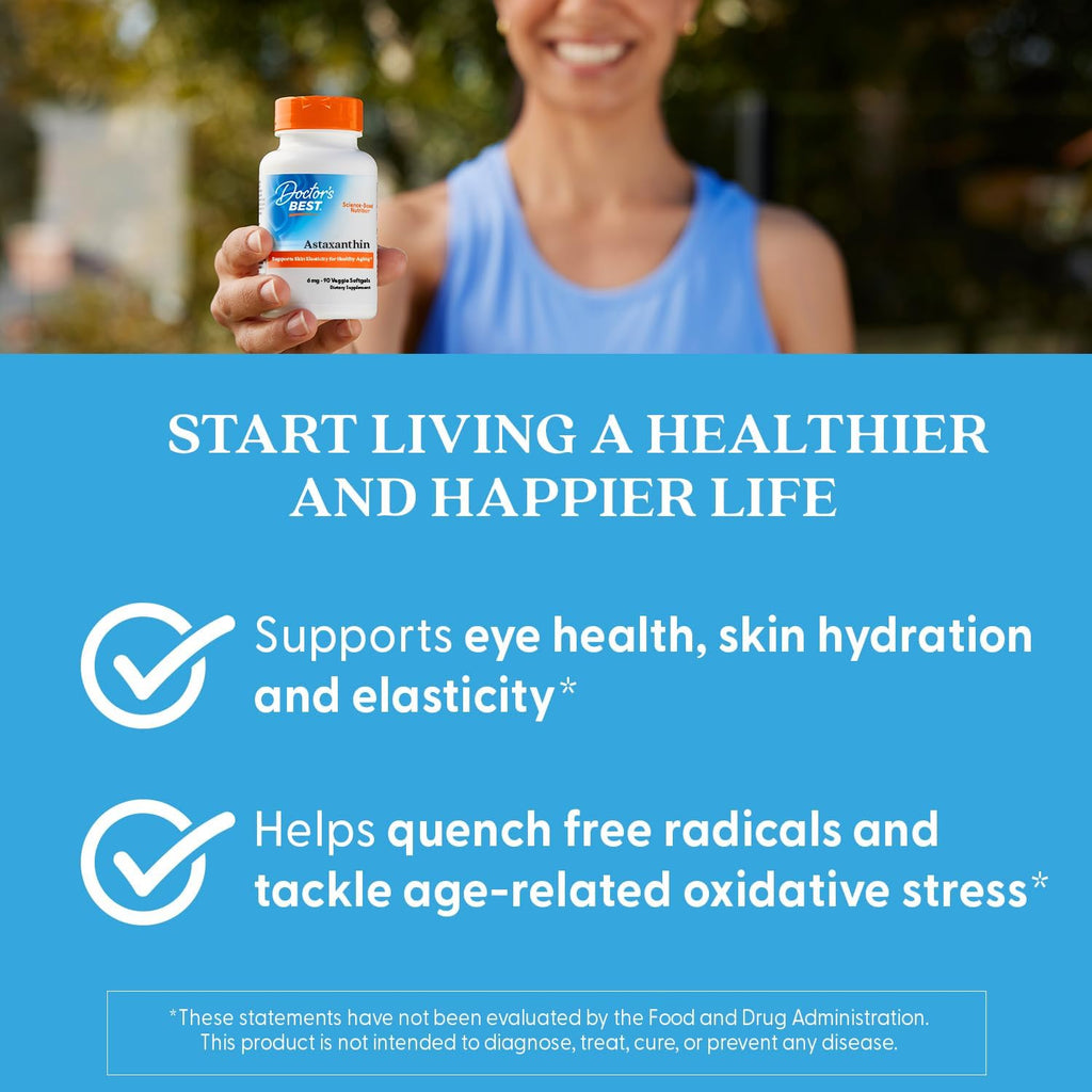 Buy now Doctors BEST Astaxanthin with AstaReal, Supports Skin Elasticity for Healthy Aging, Non-GMO, Gluten Free, Soy Free, Vegan 90 Veggie Softgels at indiglob india