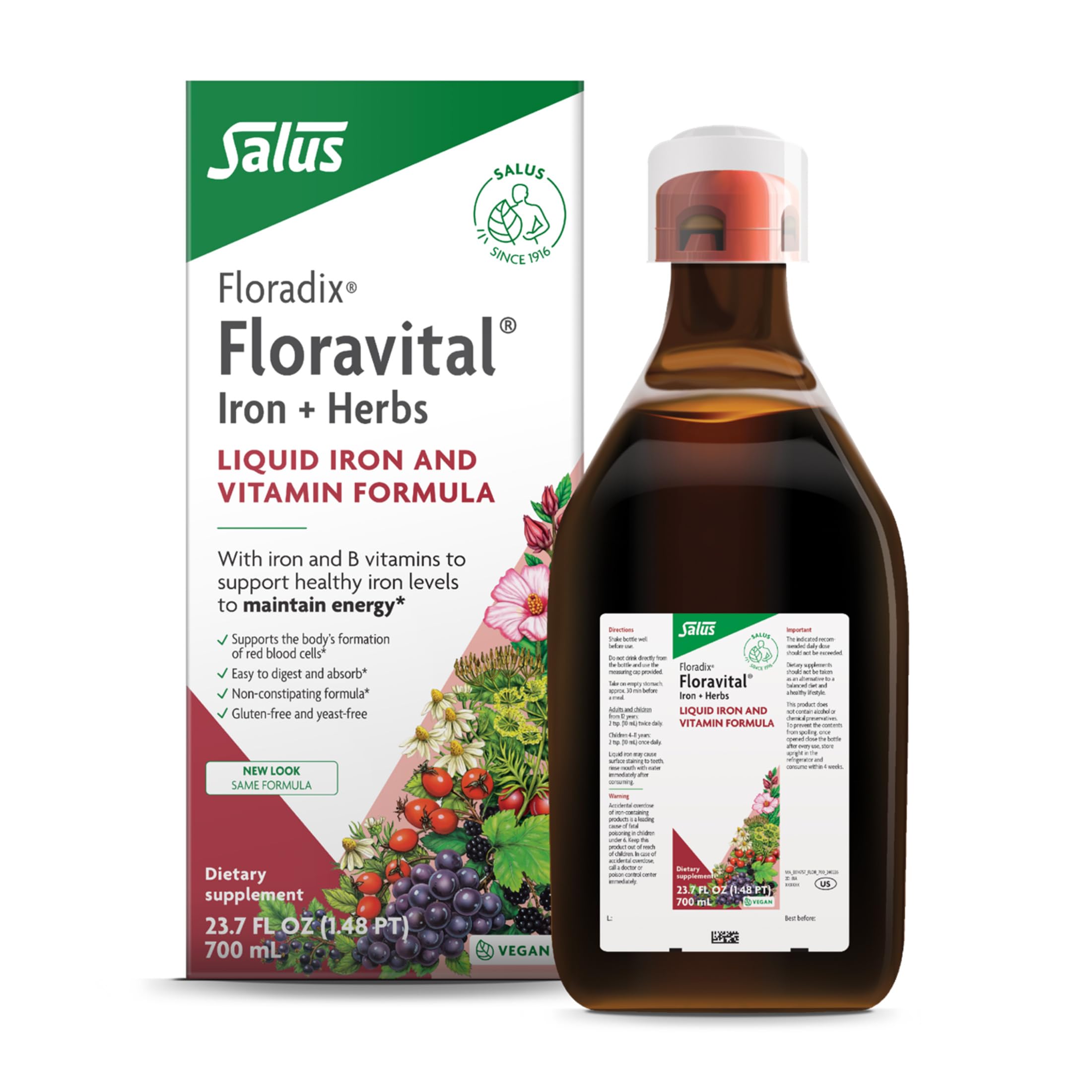 Floradix Floravital Liquid Iron Supplement, Vegan, Gluten-Free, 16.9 Fl Oz | Liquid Iron & Vitamin Formula with Ferrous Gluconate, Vitamin C, B Vitamins & Herbs for Energy Support*, Yeast-Free & Non-GMO