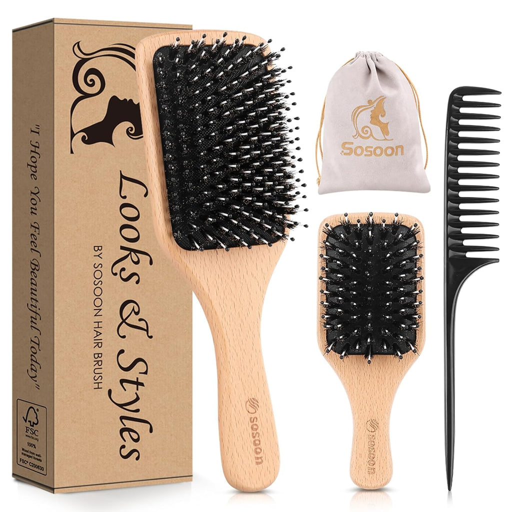 Buy now Hair Brush, 2 Pack Boar Bristle Paddle Hairbrush for Women Men Kids Reducing Frizzy, No More Tangle, Small Travel Brush Tail Comb & Giftbox Included Rectangular at indiglob india