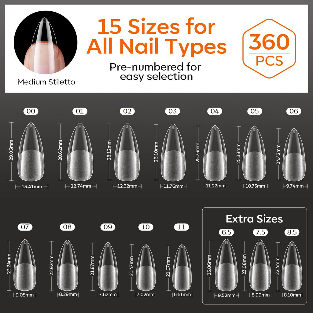 Get 360pcs of Modelones almond nail tips in 15 sizes, pre-numbered for easy selection. Available online for quick delivery.