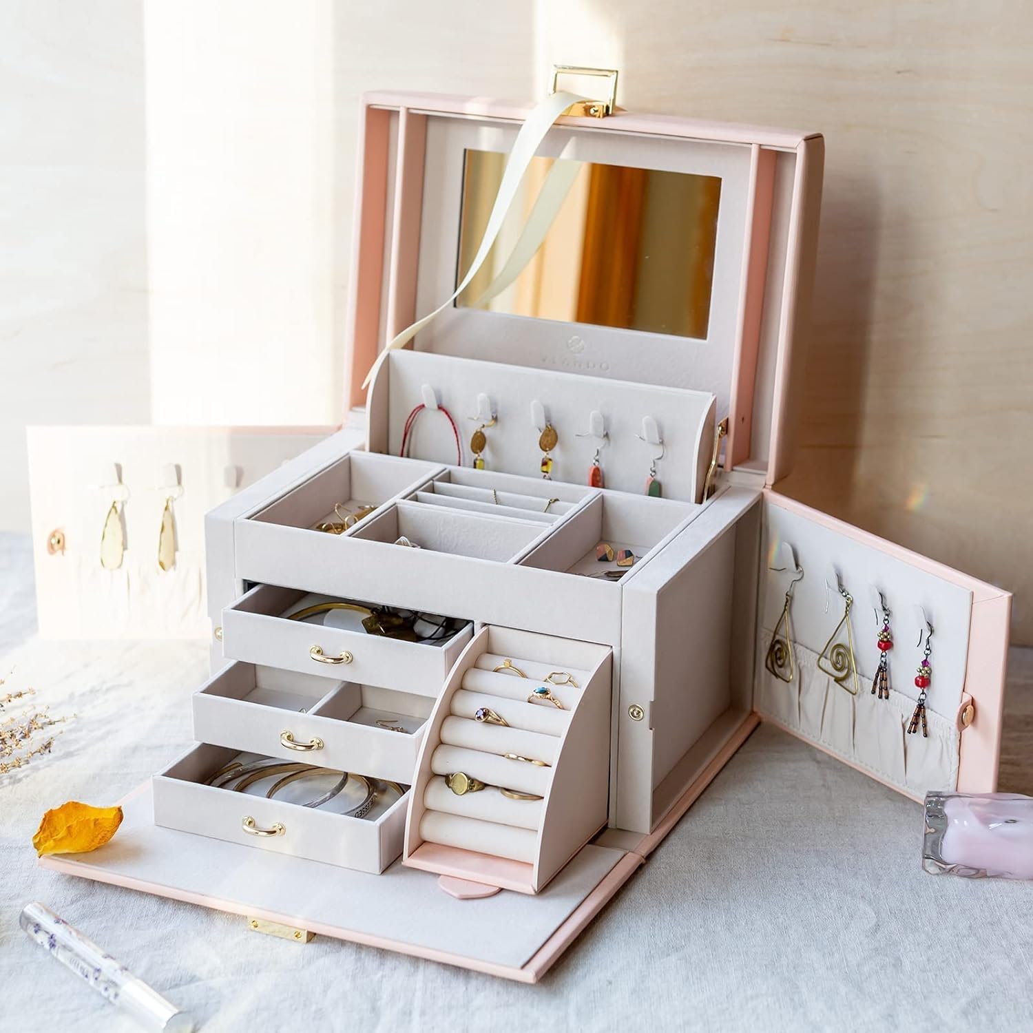 Buy now Vlando Jewelry Box Organizer for Girls Women, Large Baroque Jewelry Holder Organizer with Mirror, 3 Drawers for Bracelets, Earrings, Rings, Necklaces, Mothers Day for Loved One, Pink at indiglob india