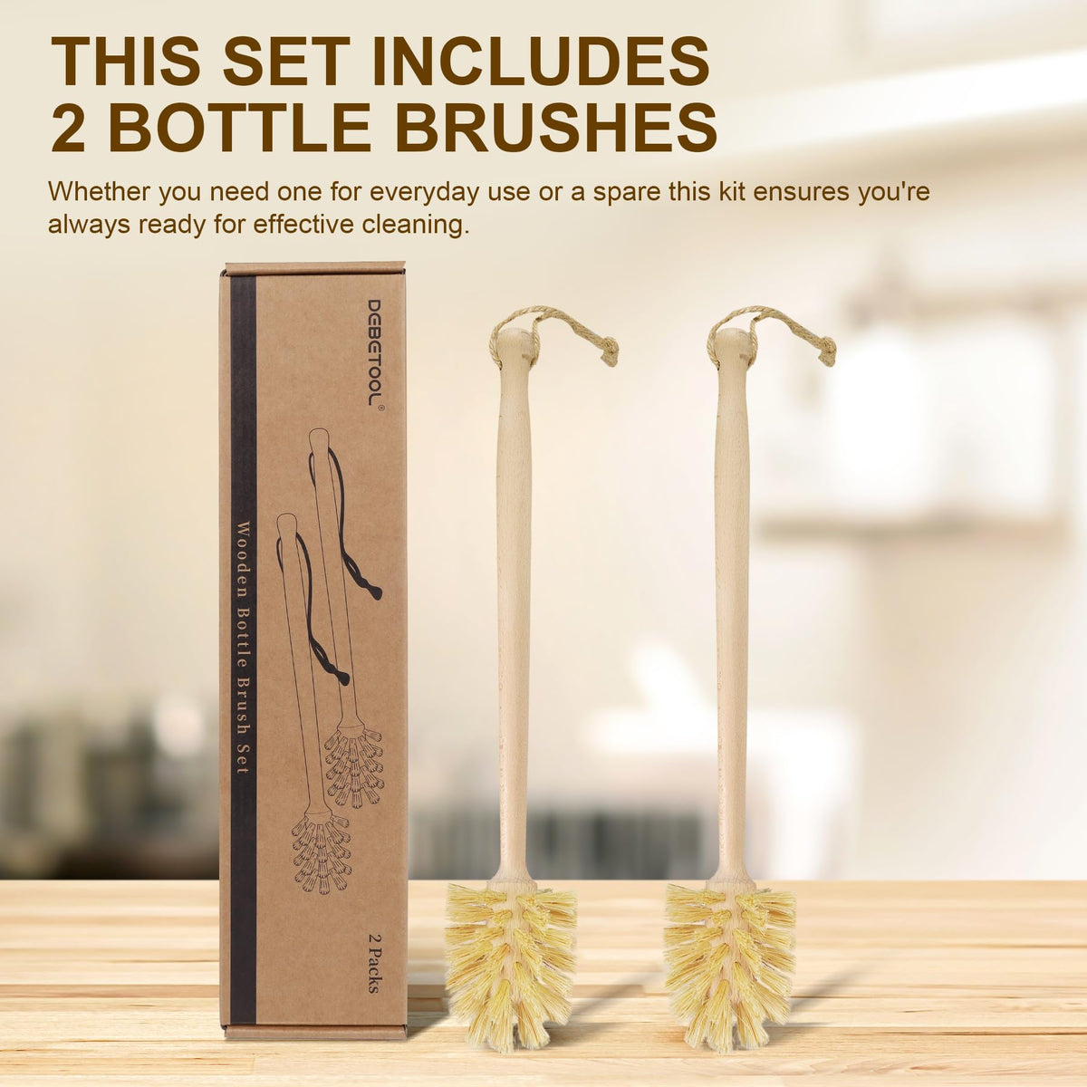 DEBETOOL 2-Pack Wooden Bottle Brush with Sisal Bristles