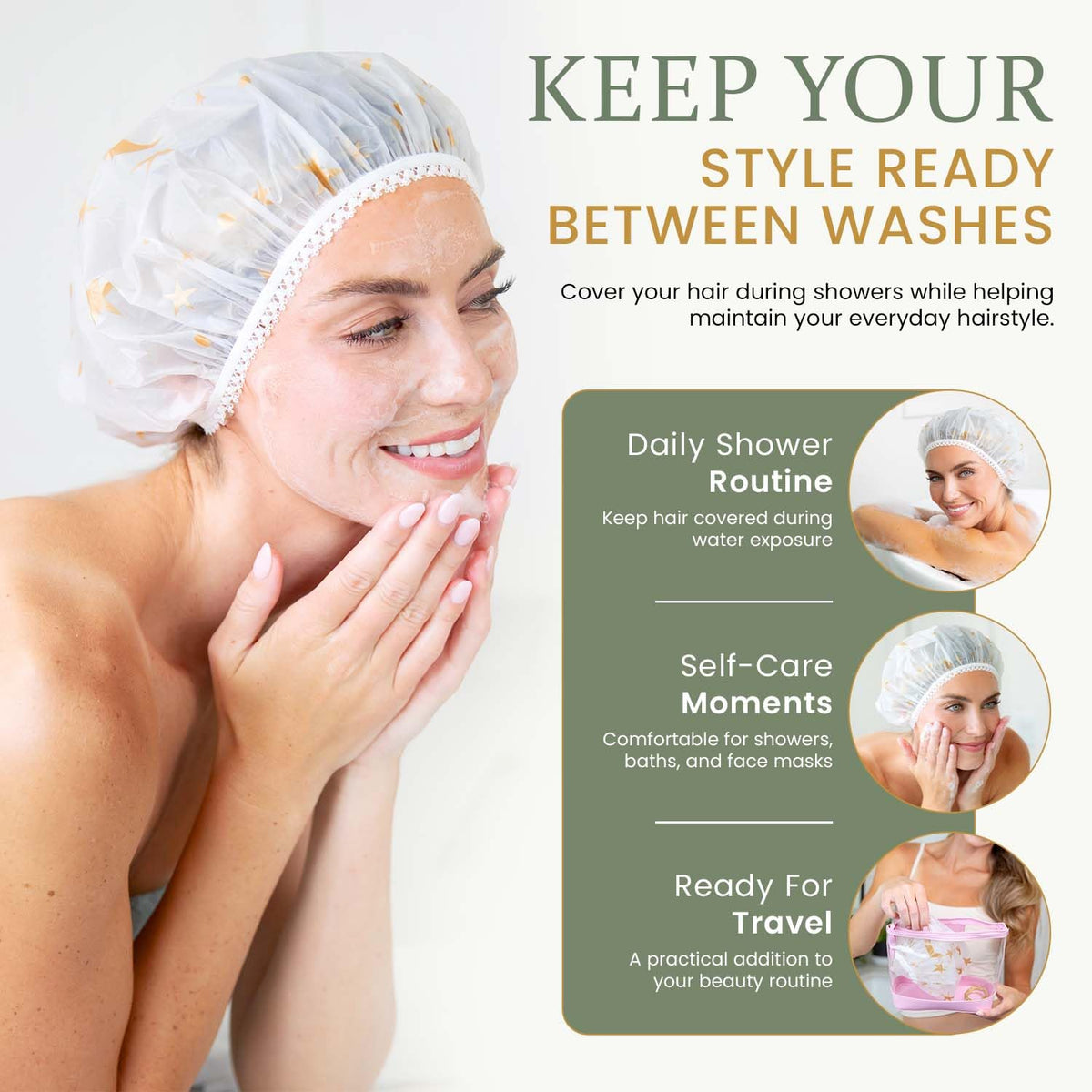 Shower Caps for Women Reusable Waterproof, 2 PCS Shower Caps + 5 Hair Ties