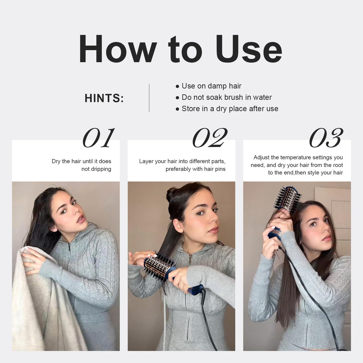 A guide showing how to use a 4-in-1 dual voltage hair dryer. Ideal for travel, verified by CuratCart for quality.