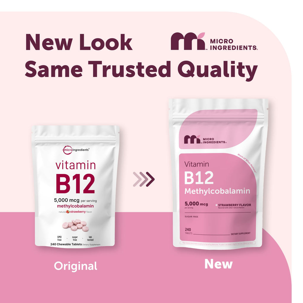 Micro Ingredients Vitamin B12 5,000 mcg | Methylcobalamin – 240 Chewable Tablets | Fast Dissolve, Natural Strawberry Flavor | Vegan, Non-GMO, Gluten Free
