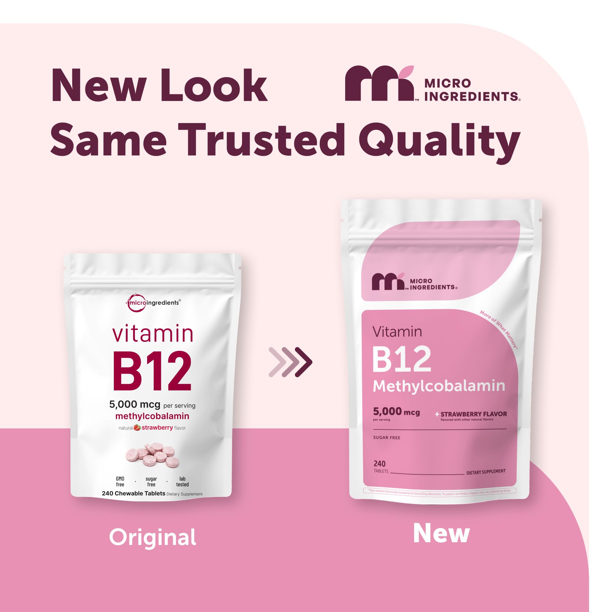 Micro Ingredients Vitamin B12 5,000 mcg | Methylcobalamin – 240 Chewable Tablets | Fast Dissolve, Natural Strawberry Flavor | Vegan, Non-GMO, Gluten Free