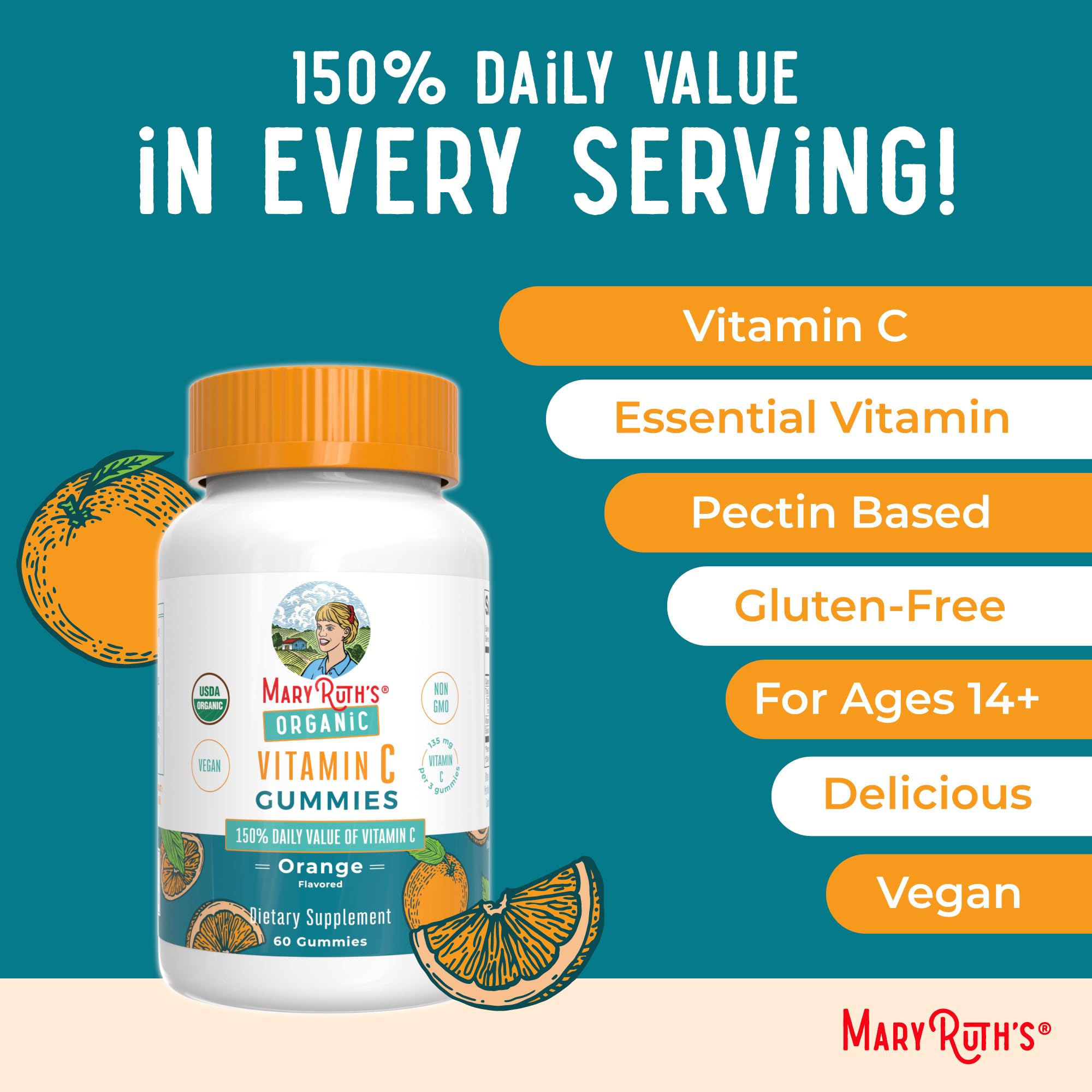 MARYRUTH'S USDA Organic Vitamin C Gummies, Antioxidant, Non-GMO, 60 Count | Vegan Chewable for Ages 14+, Immune Support & Overall Wellness, Gluten Free
