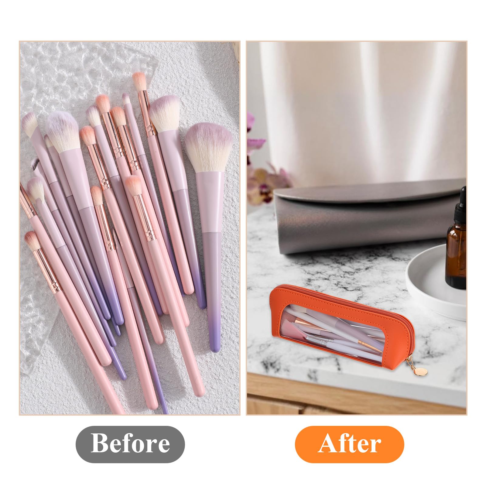 Psyqtsuary small clear makeup bag in vibrant orange, showing organized makeup brushes and tools elegantly displayed.