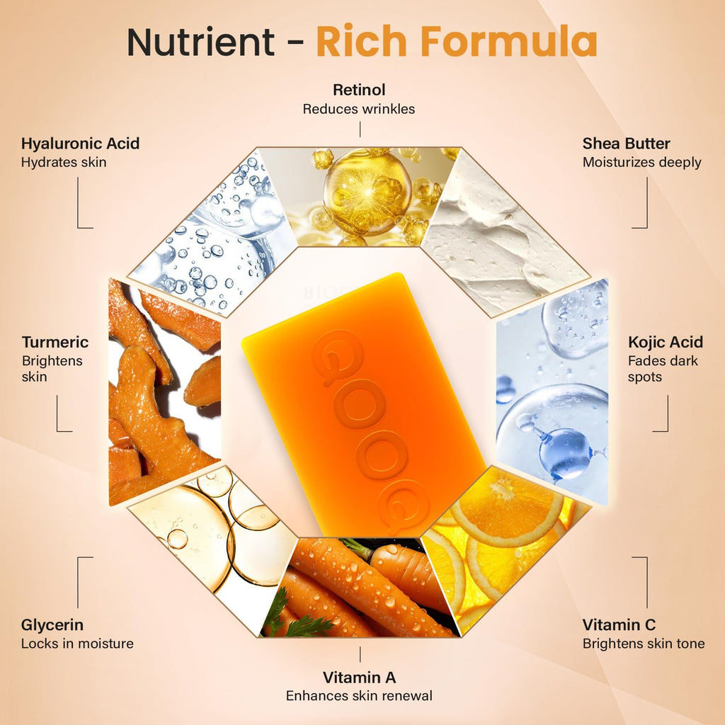 QOOQ Turmeric Kojic Acid Soap for Dark Spot Remover - Facial Cleansing Bar | Vitamin C, Retinol, Collagen, Vitamin E, Glycerin,Shea Butter & Castile Olive Oil – Soap for Women and Men Gifts(120g x 2)