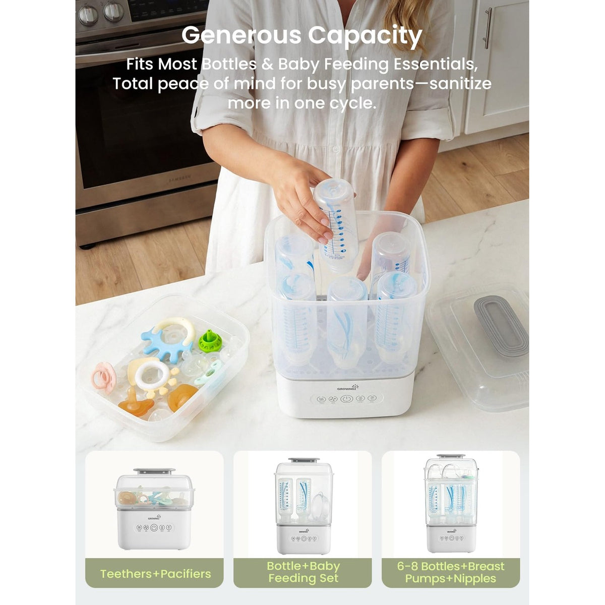 GROWNSY Baby Bottle Sterilizer and Dryer, Space-Saving, with Travel Set