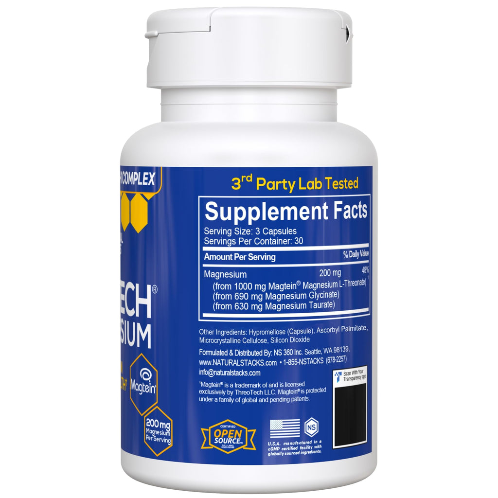 MagTech Magnesium Complex Glycinate, L-Threonate and Taurate, 90 Capsules | Advanced 3 in 1 200mg Chelated Triple Blend w/ Magtein - Supports Relaxation & Brain Health for Women & Men - Natural Stacks