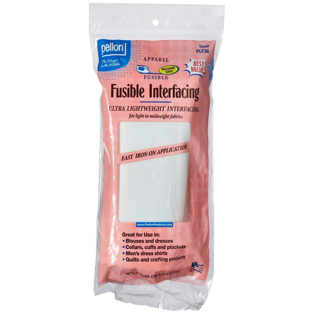 Pellon Fusible Interfacing 15” x 3 Yards – Lightweight Sew-in Interfacing for Sewing, Quilting & Craft Projects – White Polyester