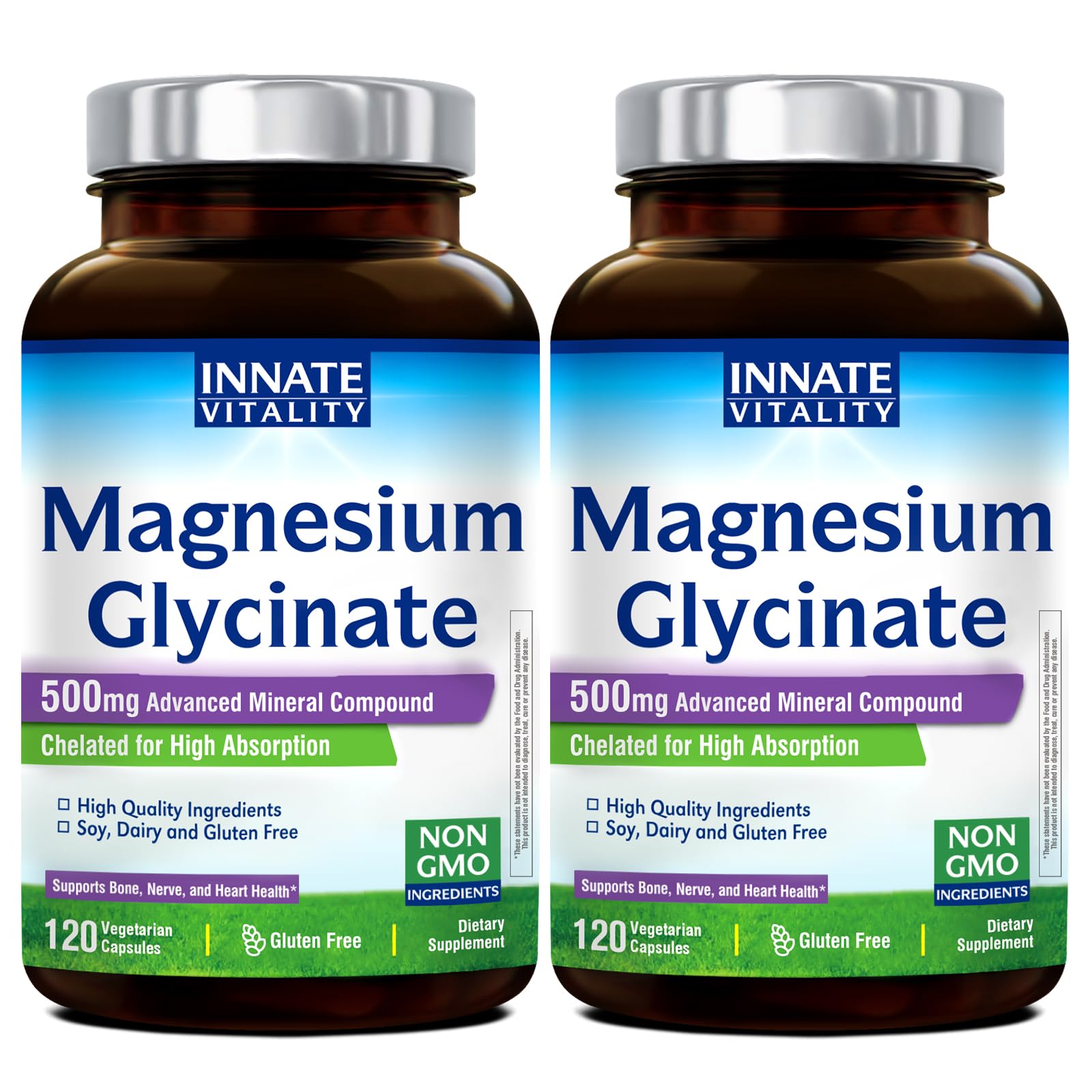 Innate Vitality Magnesium Glycinate 500mg | 70mg Elemental Magnesium Supplement - High Absorption, Non Buffered, Non-GMO & No Gluten - Vegan - Nerve Health - 60 Capsules (Pack of 1)