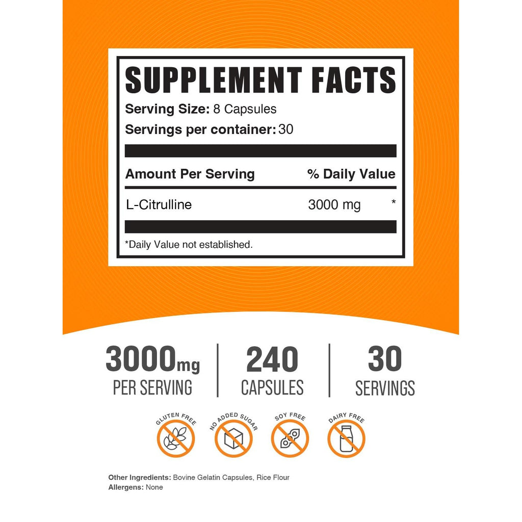 BulkSupplements.com L-Citrulline Capsules - Citrulline Supplement, L-Citrulline 3000mg Capsules - Citrulline Pills, Gluten Free - 8 Capsules per Serving, 240 Capsules (Pack of 1)