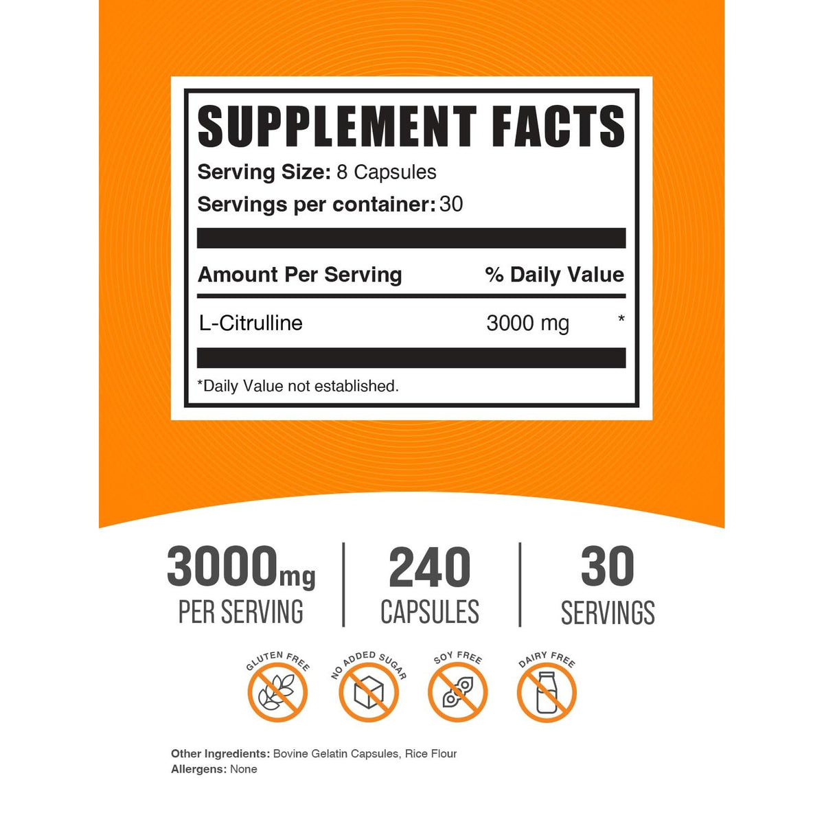 BulkSupplements.com L-Citrulline Capsules - Citrulline Supplement, L-Citrulline 3000mg Capsules - Citrulline Pills, Gluten Free - 8 Capsules per Serving, 240 Capsules (Pack of 1)