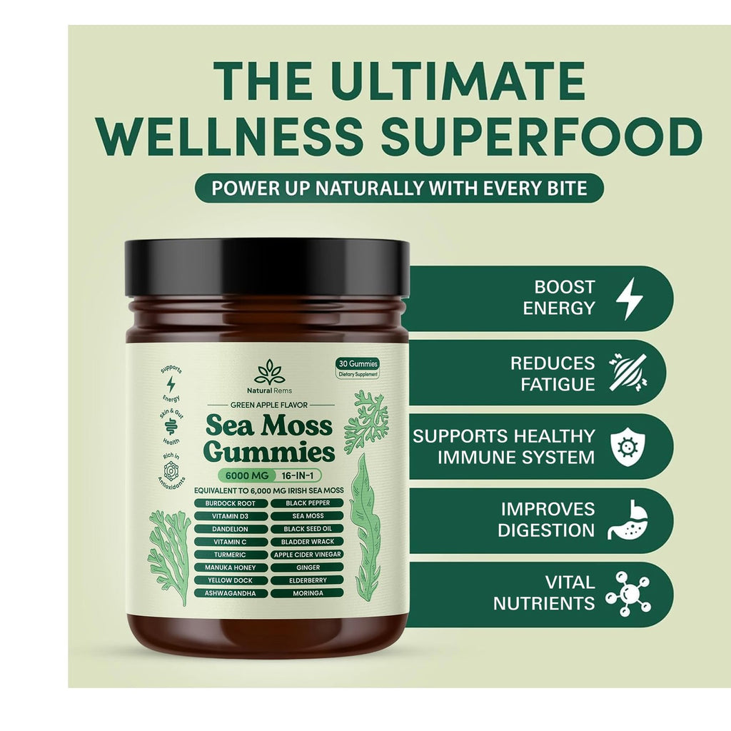 Natural Rems Sea Moss Gummies 16-in-1 - Ashwagandha Black Seed Oil Bladder Wrack Turmeric Vitamin C & D3 with Manuka Burdock Root Dandelion Yellow Dock Elderberry Apple Cider Vinegar (Green Apple)