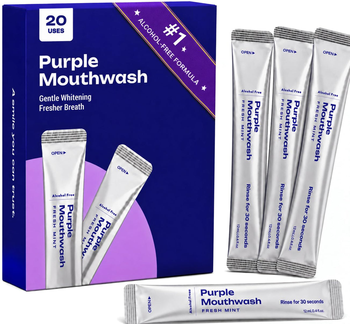 Purple Color Correcting Mouthwash Sachets, 20 Count Instant Optical Whitening Oral Rinse, Alcohol & Peroxide Free Mint Mouthwash for Fresh Breath & Smile Brightening Daily Oral Care