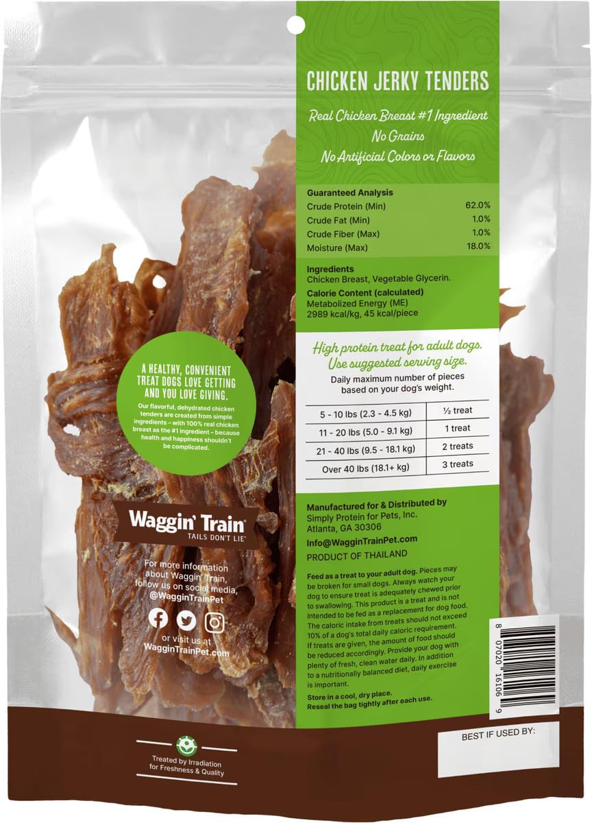 Waggin' Train Chicken Jerky Dog Treats, Made with 100% Real Chicken Breasts, Only Two All-Natural Ingredients, Great High Protein Dog Treat, Easily Digestible for Big or Small Dogs, 36 oz. Pouch