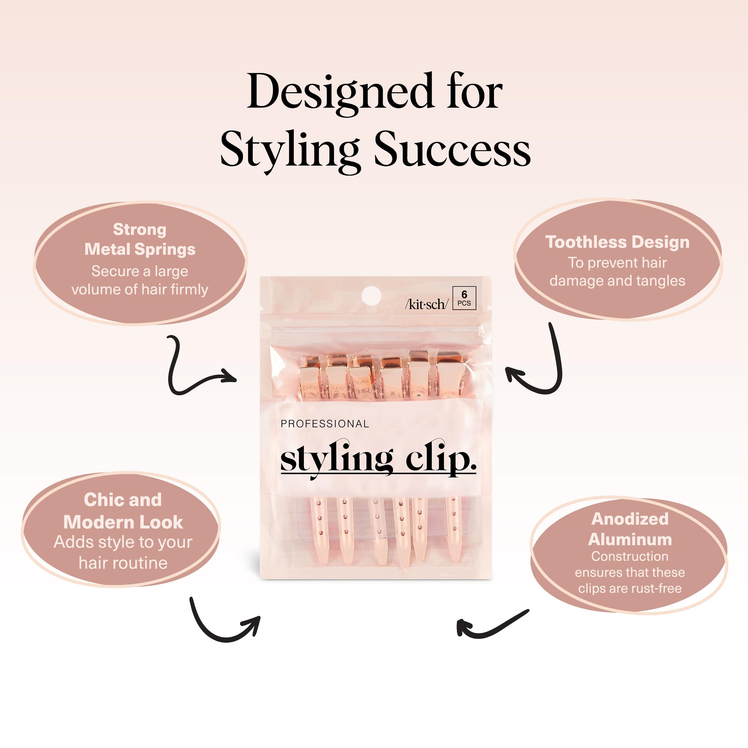 Kitsch Professional Alligator Clips - Rose Gold, 6 Pcs | 3.5" Aluminum Duckbill Hair Clips for Styling – Great Hair Sectioning Clips For Salon, Makeup Application
