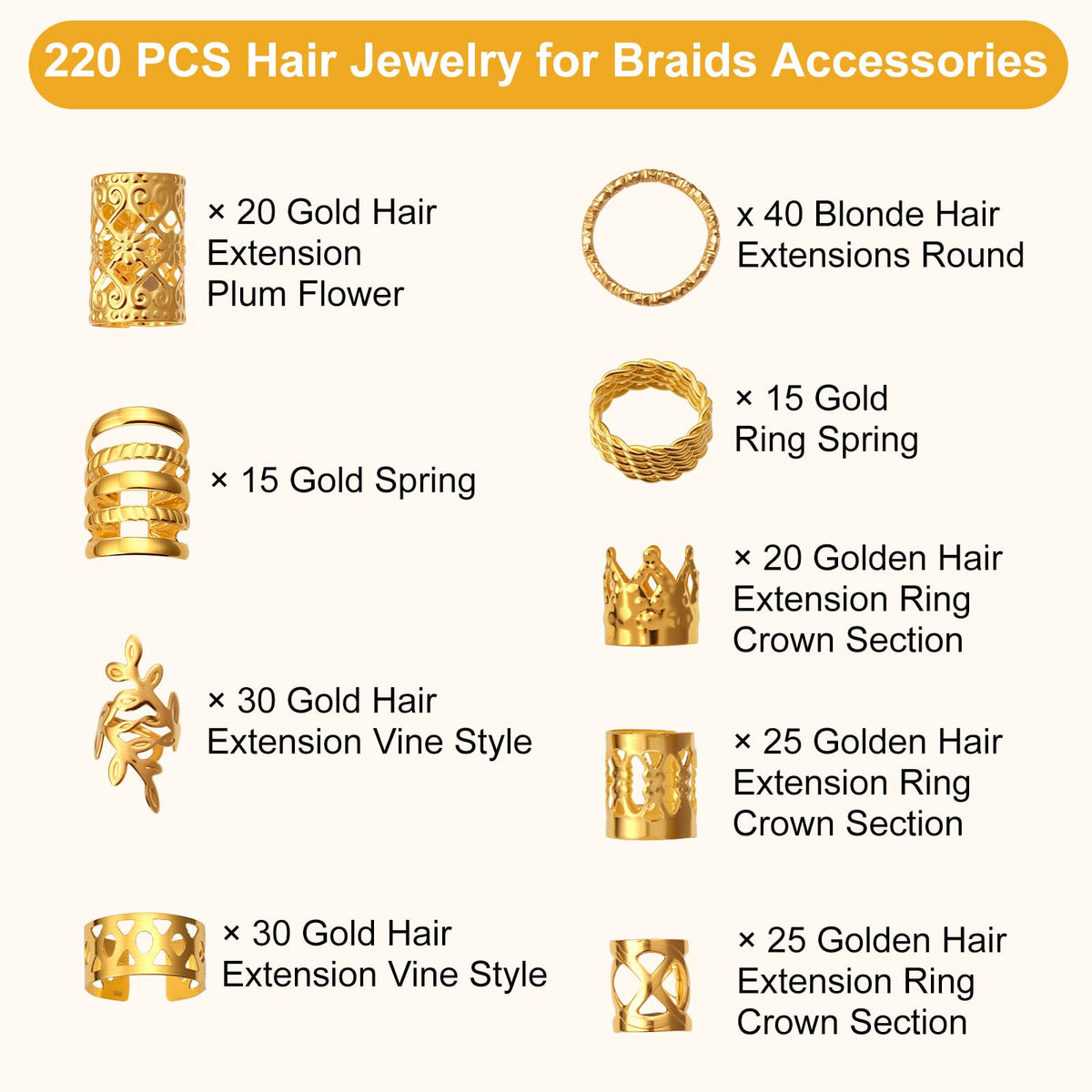 CPOXITI 220Pcs Hair Jewelry for Dreadlock, Metal Hair Charms for Women, Gold Braids Rings Cuffs Clips for Hair Braids, Loc Jewelry Dreadlock Accessories