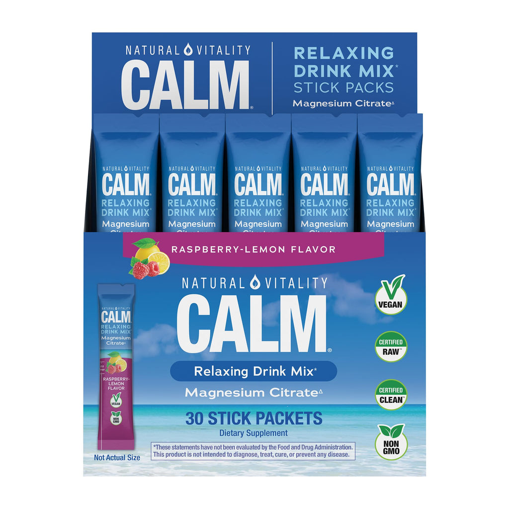 Natural Vitality Calm Magnesium Stick Packets | Raspberry Lemon Flavored Relaxing Drink Mix Powder | On-The-Go Pouches | Gluten & Sugar-Free | 255mg Per Serving | 30 Count