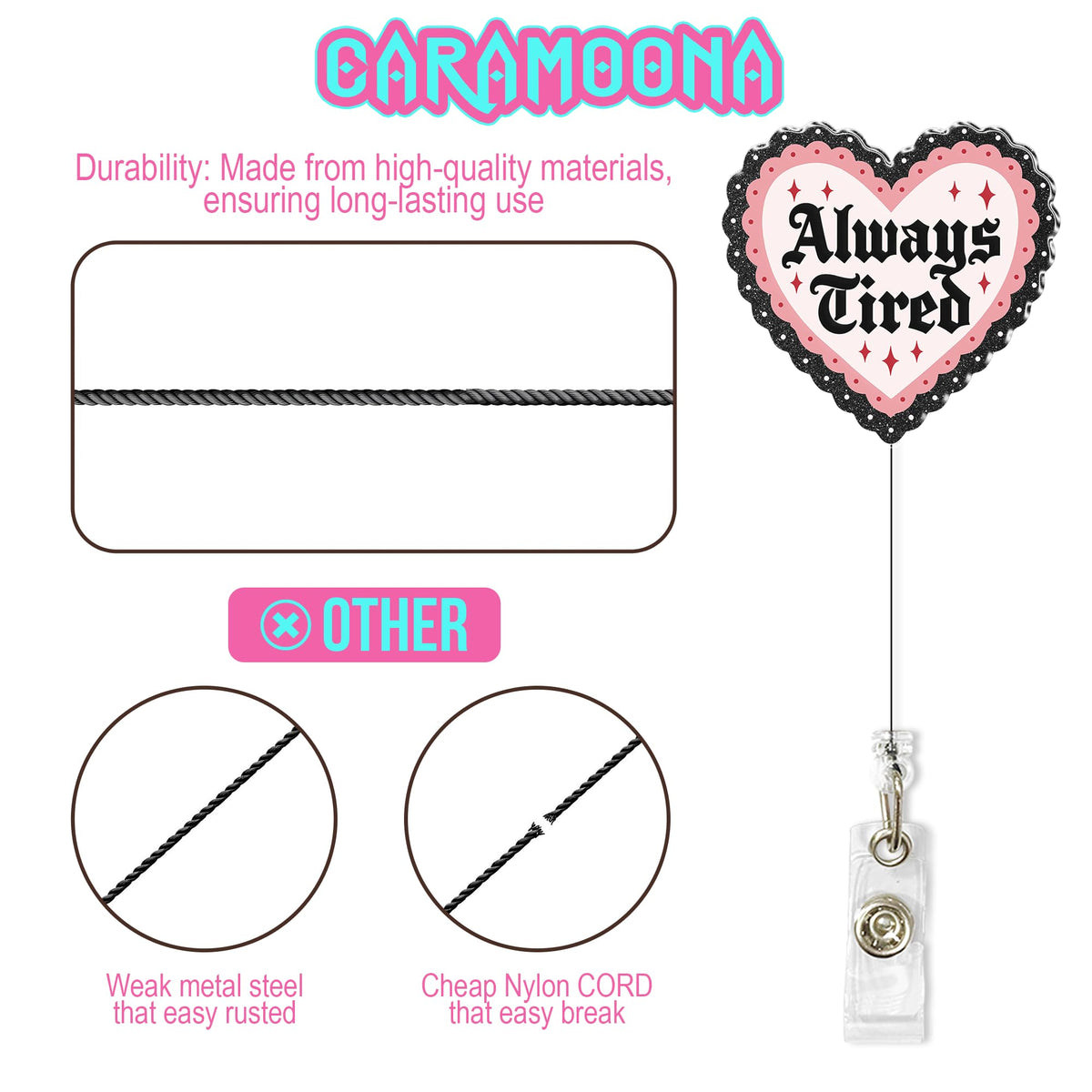 Always Tired Badge Reel 1.6 Inches Funny Heart, Mental Health, Self Love, Joke Humor ID Card Holders, Retractable Alligator/Belt Clip, Acrylic Material, Badge Holders Accessories DIY for Nurse Doctor