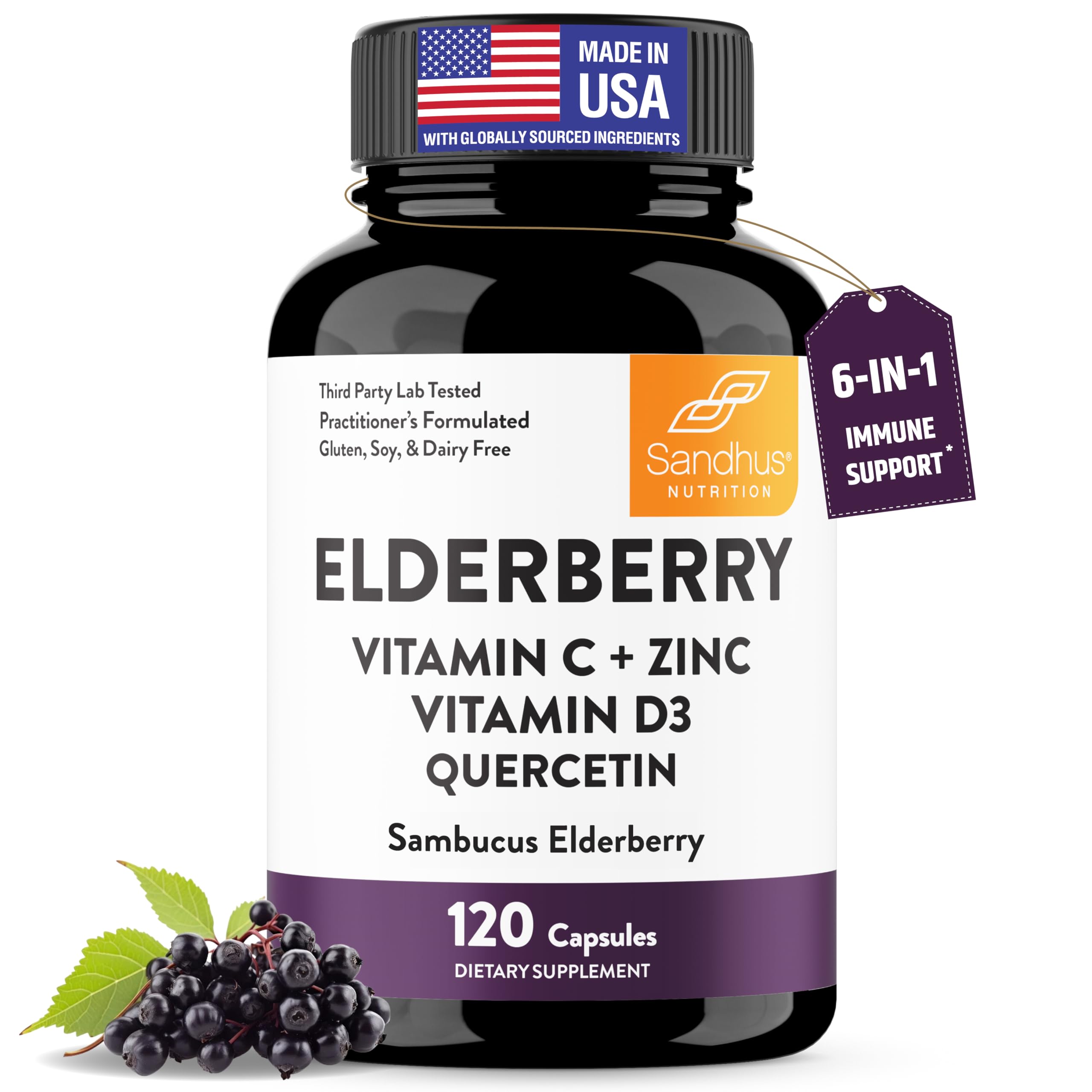 Elderberry Vitamin C and Zinc Capsules with D3 and Quercetin, 120 Count | 6-in-1 Immune Support Supplements For Adults, Sambucus Extract Zink Ginger USA Made in NSF GMP Certified Facility By Sandhu's