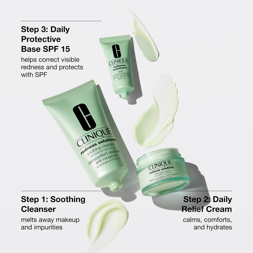 Buy now Clinique Redness Solutions Redness Regimen Skincare Set | Soothing Cleanser, 2.5 Fl Oz | Daily Relief Cream, 1 Fl Oz | Daily Protective Base Broad Spectrum SPF 15, 0.5 Fl Oz at indiglob india