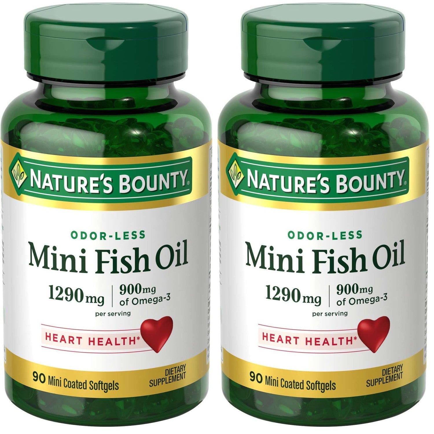 Nature's Bounty Mini Fish Oil Softgels 1290 mg, Omega-3, Supports Heart Health, Odor-Less, 90 Mini Coated Softgels (Pack of 2)