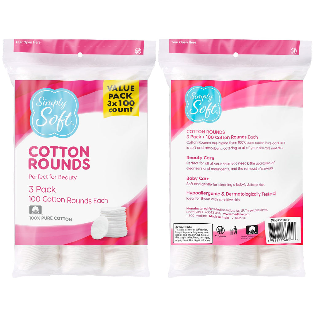 Medline Simply Soft Cotton Rounds (300 Count), 100% Cotton Absorbent and Textured Cotton Pads, Lint-Free