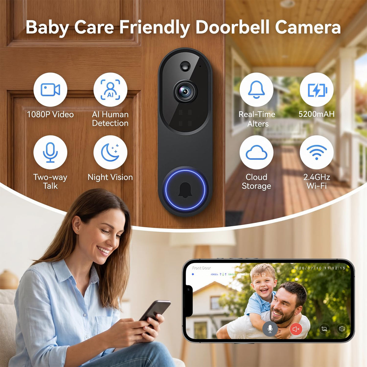 Video Doorbell Camera, Wireless Security Camera, 1080p, Battery Powered, AI Motion Detection, Night Vision, Two-Way Audio, Cloud Storage, 2.4 GWi-Fi, for Visitor, Baby Monitor